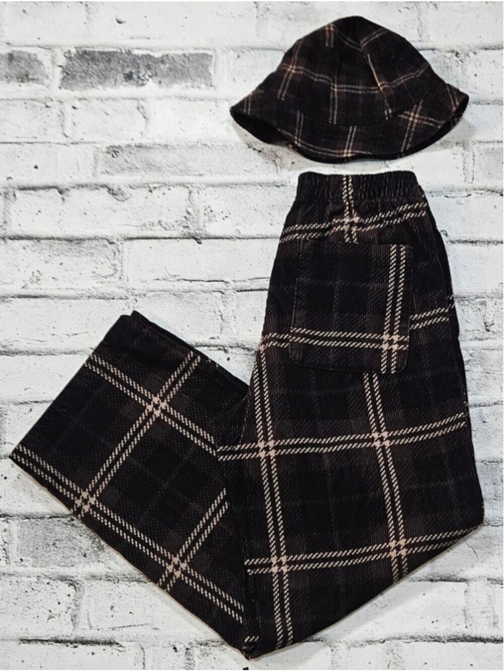 H&M Mens Small Plaid Corduroy Pants Matching Bucket Hat Grandpa Core
